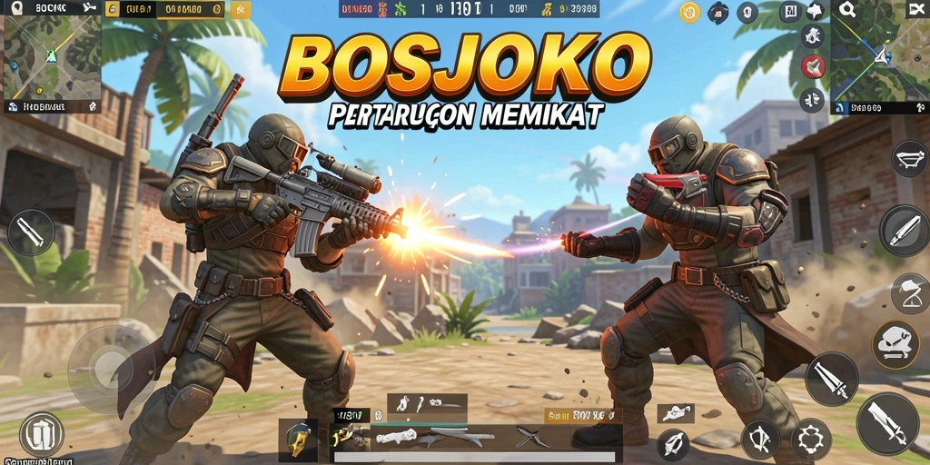 Screenshot gameplay BOSJOKO yang menunjukkan pertarungan sengit di arena Battle Royale.