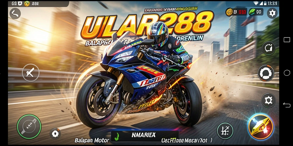 Screenshot gameplay ULAR288 menunjukkan aksi balapan motor yang mendebarkan.